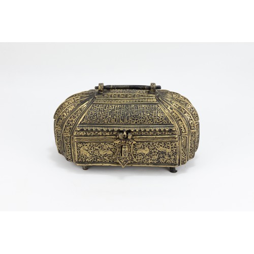 168 - An Islamic Indo-Persian Brass Jewellery Box with Intricate Carvings of Floral Patterns, Animals and ... 