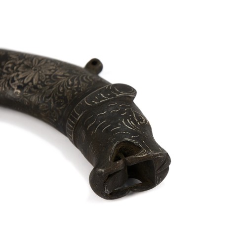 171 - An Islamic Indo-Persian Iron Gun Powder Holder Depicting a Lion's Head and Floral Patterns in Silver... 