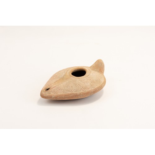 275 - A Terracotta Oil Lamp Designed with Floral Patterns and Crosses Possibly Roman.

L: Approximately 13... 