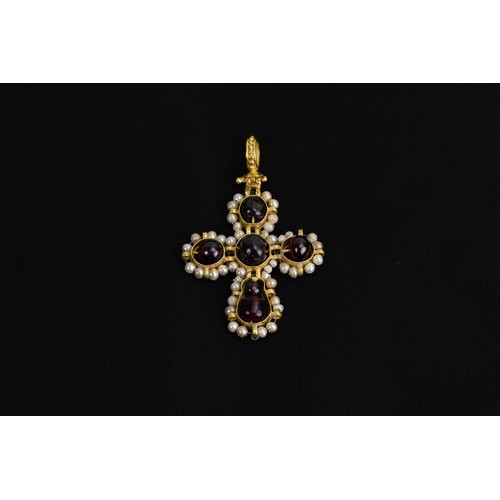 280 - An Eastern European Byzantine Gold Cross Pendant Decorated with Garnets and Pearls from the 18th Cen... 