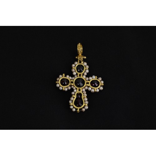 280 - An Eastern European Byzantine Gold Cross Pendant Decorated with Garnets and Pearls from the 18th Cen... 