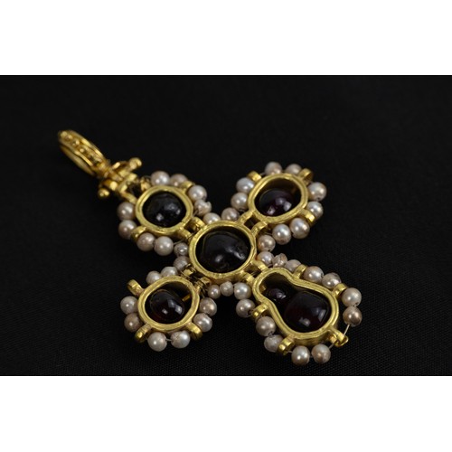 280 - An Eastern European Byzantine Gold Cross Pendant Decorated with Garnets and Pearls from the 18th Cen... 