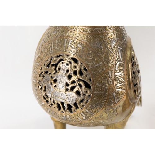 211 - A Pair of Islamic Bronze Birds Decorated with Kufic Inspirations and Floral Patterns in Silver Inlay... 