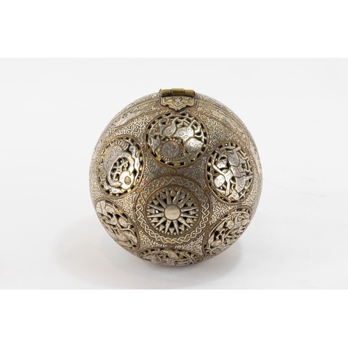 213 - An Islamic Bronze Spherical Incense Burner Decorated with Floral Patterns & People Dancing in Silver... 