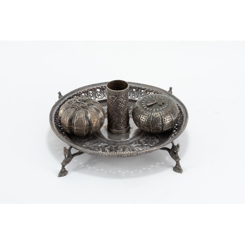 136 - An Indian Silver Candleholder with 2 Boxes.

Candleholder D: Approximately 14.5cm
290g