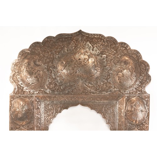 223 - An Islamic Qajar Copper Mirror Frame Decorated with Floral Patterns and People in Silver Inlay.

H: ... 