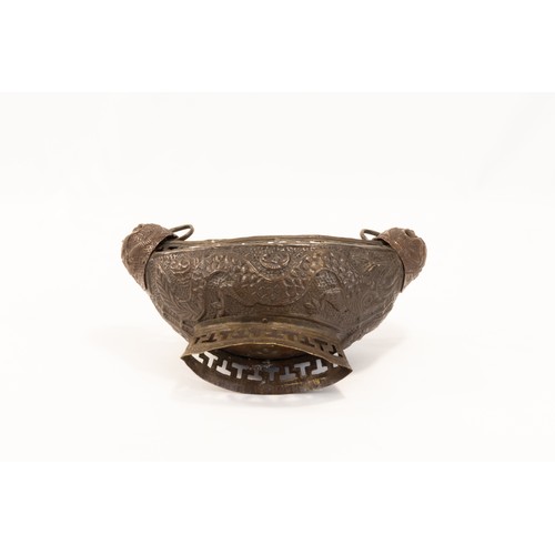 137 - An Indian Kashmiri Copper Kashkul Beggar's Bowl Decorated with Dragon Head Handles & Dragons on its ... 