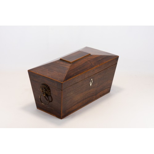 14 - A Regency Rosewood Twin Compartment Tea Caddy of Sarcophagus Form with Bone Handles Circa 1815.

App... 