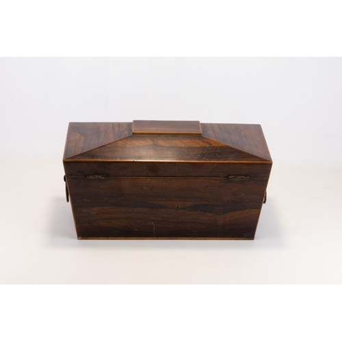 14 - A Regency Rosewood Twin Compartment Tea Caddy of Sarcophagus Form with Bone Handles Circa 1815.

App... 