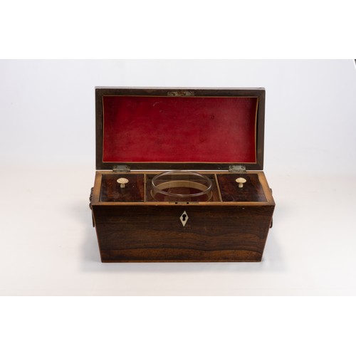 14 - A Regency Rosewood Twin Compartment Tea Caddy of Sarcophagus Form with Bone Handles Circa 1815.

App... 