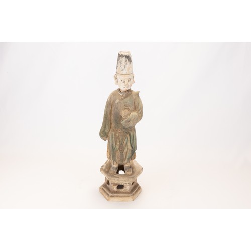 111 - A Chinese Tall Pottery Attendant with Movable Head from the Ming Dynasty.

H: Approximately 38cm