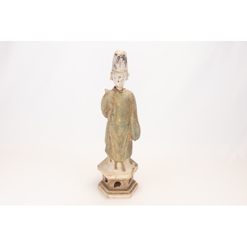 111 - A Chinese Tall Pottery Attendant with Movable Head from the Ming Dynasty.

H: Approximately 38cm