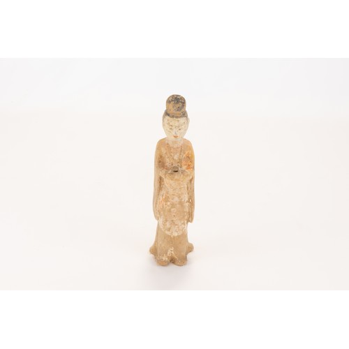 113 - A Chinese Pottery Female Figure in a Long Robe from the Tang Dynasty. 

H: Approximately 22cm