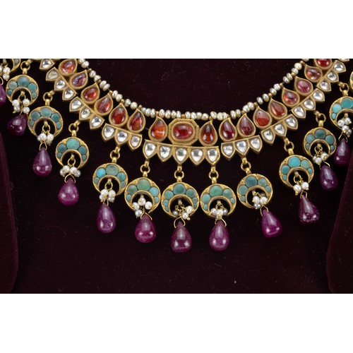 68 - A Rare Indian Mughal Necklace with Earrings Decorated with Ruby, Pearls, Turquoise, Crystal & Garnet... 