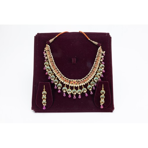 68 - A Rare Indian Mughal Necklace with Earrings Decorated with Ruby, Pearls, Turquoise, Crystal & Garnet... 