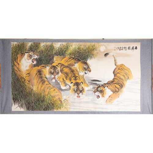 84 - A Chinese Large Painting on a Scroll Depicting Tigers on Water.

Approximately 207.5cm x 101cm