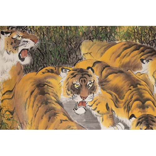 84 - A Chinese Large Painting on a Scroll Depicting Tigers on Water.

Approximately 207.5cm x 101cm