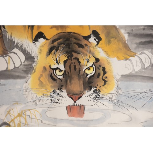 84 - A Chinese Large Painting on a Scroll Depicting Tigers on Water.

Approximately 207.5cm x 101cm