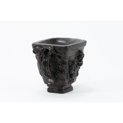 88 - A Chinese Horn Libation Cup Decorated with Dragons with 6 Character Marks to the Base.

H: Approxima... 