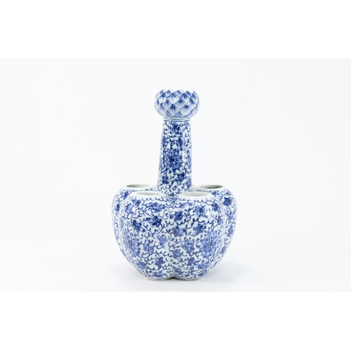 89 - A Chinese Blue & White Porcelain Tulip Vase Decorated with Floral Patterns and 4 Character Marks to ... 