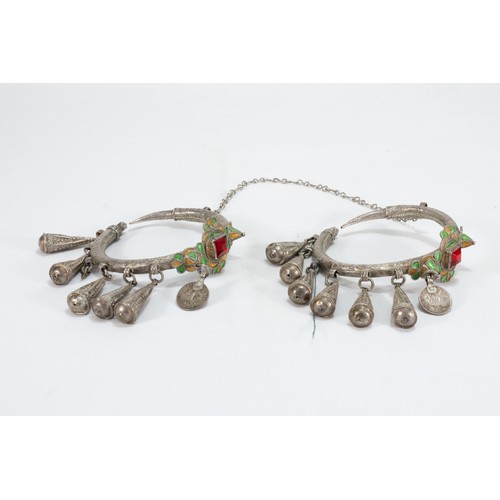 316 - A Pair of Tribal Berber Silver Earrings Decorated with Red & Green Enamel, Red Glass and Hanging Coi... 