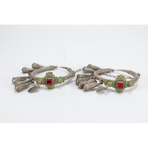 316 - A Pair of Tribal Berber Silver Earrings Decorated with Red & Green Enamel, Red Glass and Hanging Coi... 