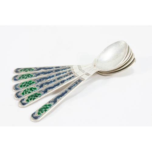 105 - A Set of 6 Chinese White Metal Spoons Decorated with Enamel with 4 Character Marks to the Base

L: A... 