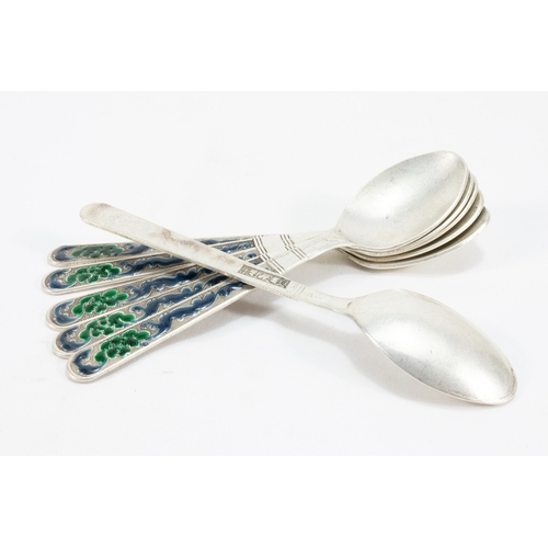 105 - A Set of 6 Chinese White Metal Spoons Decorated with Enamel with 4 Character Marks to the Base

L: A... 