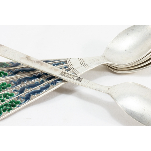 105 - A Set of 6 Chinese White Metal Spoons Decorated with Enamel with 4 Character Marks to the Base

L: A... 