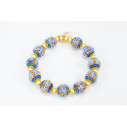 106 - A Chinese Enamel Bracelet with Turquoise and Emerald Coloured Beads.

L: Approximately 8.5cm