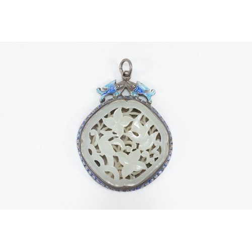 108 - A Chinese Carved Silver White Jade Pendant Decorated with Turquoise & Blue Enamel.

H: Approximately... 