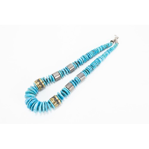 328 - A South American Turquoise & White Metal Beaded Necklace Signed T. Singer Goldcraft.

260g

L: Appro... 