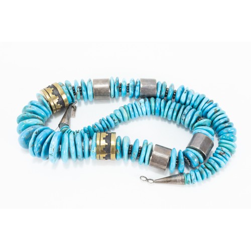 328 - A South American Turquoise & White Metal Beaded Necklace Signed T. Singer Goldcraft.

260g

L: Appro... 