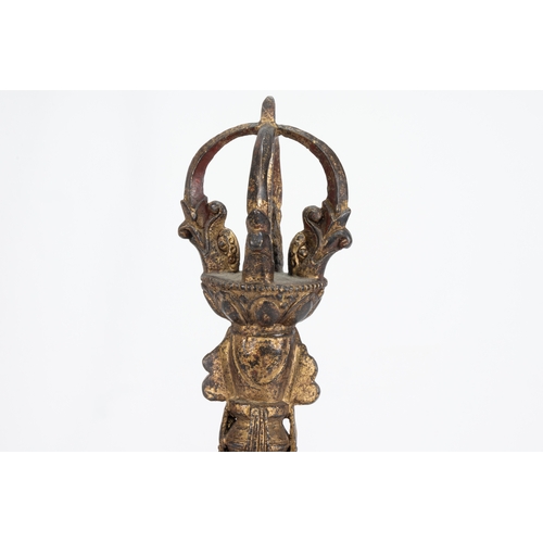 62 - A Large Tibetan Buddhist Bronze Gilt Bell Decorated with Vajras & a Buddha Deity.

H: Approximately ... 