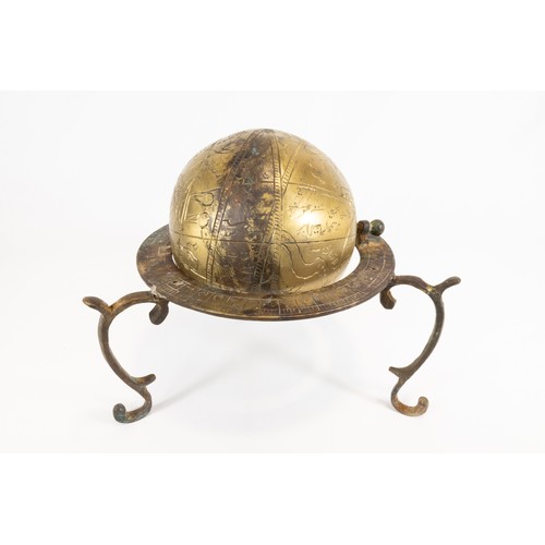 203 - An Islamic Indian Late Mughal Brass Globe with a Stand Decorated with Kufic Calligraphy 18th Century... 