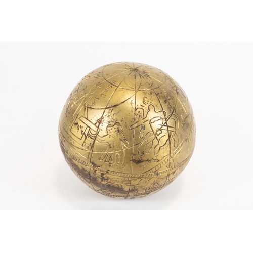 203 - An Islamic Indian Late Mughal Brass Globe with a Stand Decorated with Kufic Calligraphy 18th Century... 