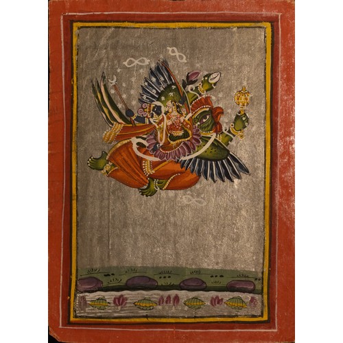 285 - An Indian School Watercolour Painting Depicting Garud Laxmi Flying over the Lake from the Late 19th ... 