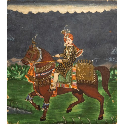 286 - An Indian Painting Depicting Maharaja on a Horse Ride from the 20th Century. 

Approximately 25.2cm ... 