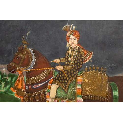 286 - An Indian Painting Depicting Maharaja on a Horse Ride from the 20th Century. 

Approximately 25.2cm ... 