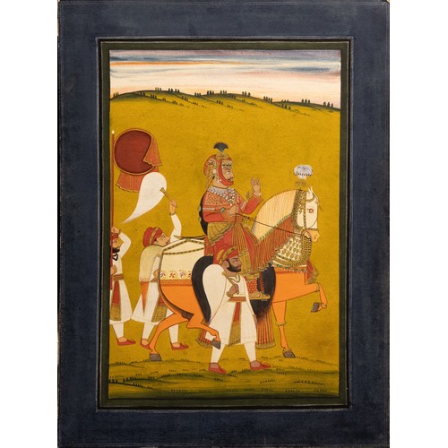 287 - An Indian Painting Depicting Jodhpur Ruler on Horseback Accompanied by a Retinue of Attendants on Fo... 