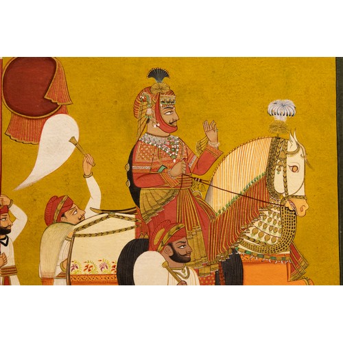 287 - An Indian Painting Depicting Jodhpur Ruler on Horseback Accompanied by a Retinue of Attendants on Fo... 