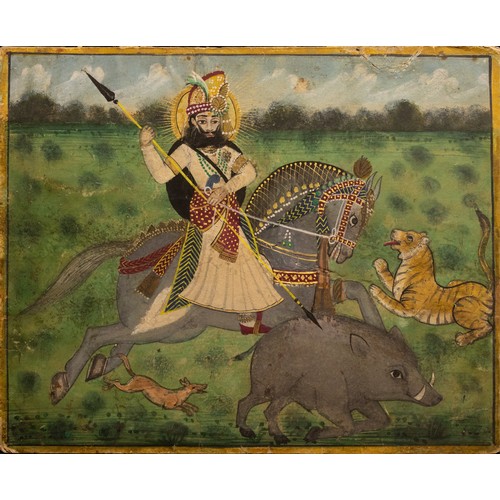 292 - An Indian Painting Depicting Raja Bishan Singh Hunting a Tiger on Horseback from the Late 19th Centu... 