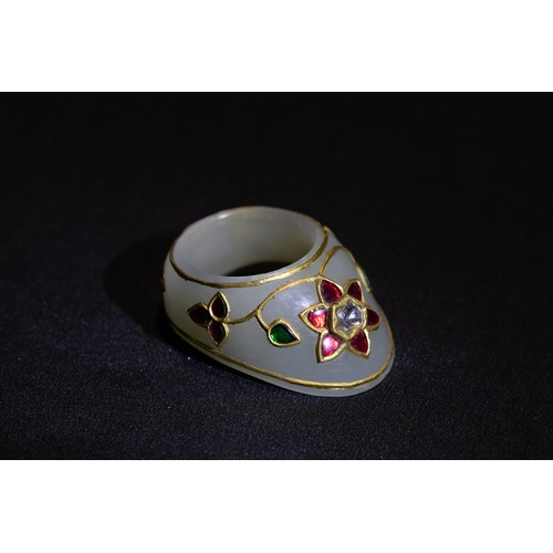 297 - An Indian Mughal Jade Archer Ring Decorated with Floral Patterns in  Ruby Gemstones, Polki Diamond &... 