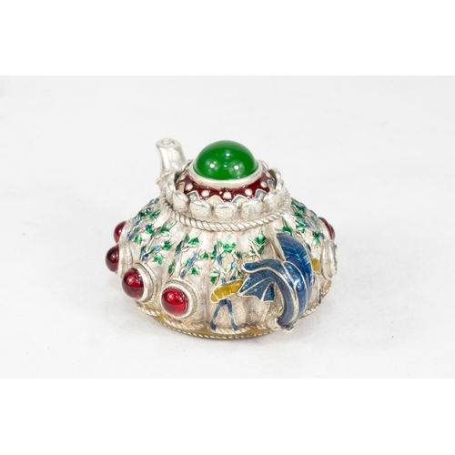 10 - **NO RESERVE**

A Chinese White Metal Miniature Teapot Decorated with Enamel with 4 Character Marks ... 