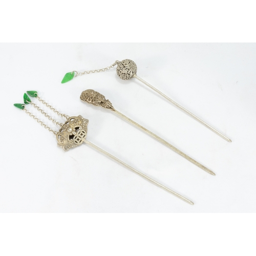 348 - A Lot of 3 Chinese Tibetan Hair Sticks with Green Jade Tassels.

L: Approximately 14.2cm, 22.6cm, 22... 