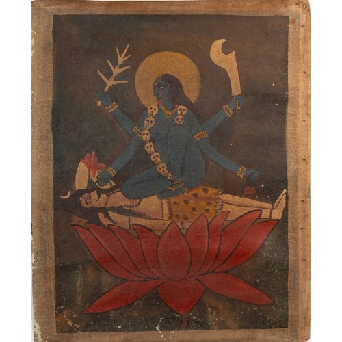 37 - A Rare Old Bengal Kalighat Painting of Goddess Kali seated on Shiva in a Fierce Form.