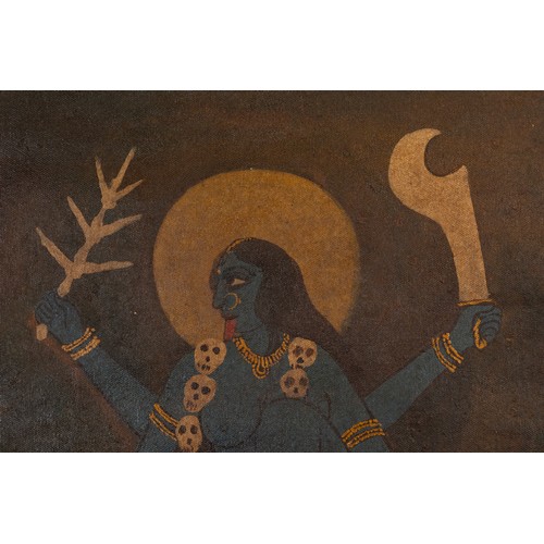 37 - A Rare Old Bengal Kalighat Painting of Goddess Kali seated on Shiva in a Fierce Form.