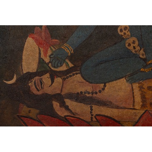 37 - A Rare Old Bengal Kalighat Painting of Goddess Kali seated on Shiva in a Fierce Form.