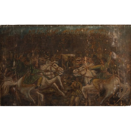 38 - A Rare Sikh School Painting of a War Scene, Oil on Canvas, Early 20th Century.