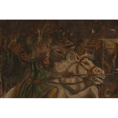 38 - A Rare Sikh School Painting of a War Scene, Oil on Canvas, Early 20th Century.